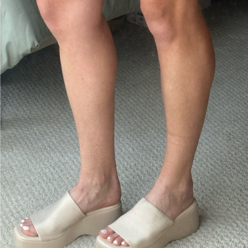 Beige Wedge Platform Slides